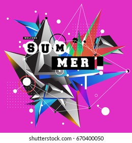 Trendy vector summer cards illustration with memphis style typography and abstract elements. Design for poster, card, invitation, brochure, and promotion template. Fashion art print and background.