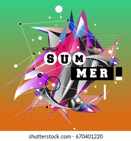 Trendy vector summer cards illustration with memphis style typography and abstract elements. Design for poster, card, invitation, brochure, and promotion template. Fashion art print and background.