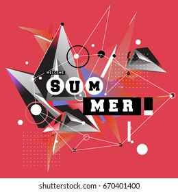 Trendy vector summer cards illustration with memphis style typography and abstract elements. Design for poster, card, invitation, brochure, and promotion template. Fashion art print and background.