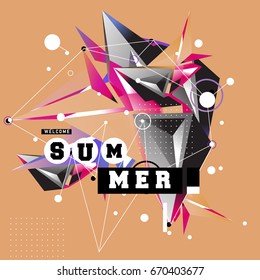Trendy vector summer cards illustration with memphis style typography and abstract elements. Design for poster, card, invitation, brochure, and promotion template. Fashion art print and background.