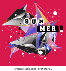 Trendy vector summer cards illustration with memphis style typography and abstract elements. Design for poster, card, invitation, brochure, and promotion template. Fashion art print and background.