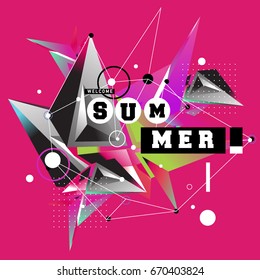 Trendy vector summer cards illustration with memphis style typography and abstract elements. Design for poster, card, invitation, brochure, and promotion template. Fashion art print and background.