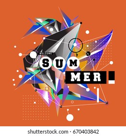 Trendy vector summer cards illustration with memphis style typography and abstract elements. Design for poster, card, invitation, brochure, and promotion template. Fashion art print and background.