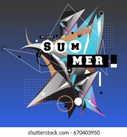Trendy vector summer cards illustration with memphis style typography and abstract elements. Design for poster, card, invitation, brochure, and promotion template. Fashion art print and background.