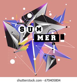 Trendy vector summer cards illustration with memphis style typography and abstract elements. Design for poster, card, invitation, brochure, and promotion template. Fashion art print and background.