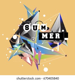 Trendy vector summer cards illustration with memphis style typography and abstract elements. Design for poster, card, invitation, brochure, and promotion template. Fashion art print and background.