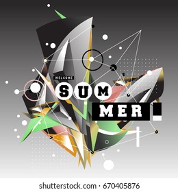 Trendy vector summer cards illustration with memphis style typography and abstract elements. Design for poster, card, invitation, brochure, and promotion template. Fashion art print and background.