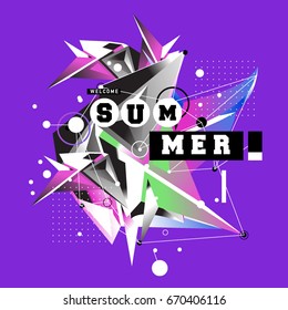 Trendy vector summer cards illustration with memphis style typography and abstract elements. Design for poster, card, invitation, brochure, and promotion template. Fashion art print and background.