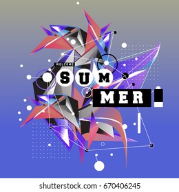 Trendy vector summer cards illustration with memphis style typography and abstract elements. Design for poster, card, invitation, brochure, and promotion template. Fashion art print and background.