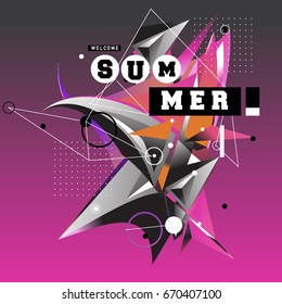 Trendy vector summer cards illustration with memphis style typography and abstract elements. Design for poster, card, invitation, brochure, and promotion template. Fashion art print and background.