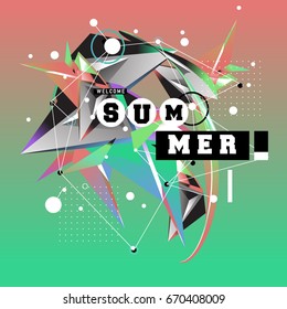 Trendy vector summer cards illustration with memphis style typography and abstract elements. Design for poster, card, invitation, brochure, and promotion template. Fashion art print and background.