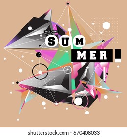 Trendy vector summer cards illustration with memphis style typography and abstract elements. Design for poster, card, invitation, brochure, and promotion template. Fashion art print and background.
