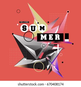 Trendy vector summer cards illustration with memphis style typography and abstract elements. Design for poster, card, invitation, brochure, and promotion template. Fashion art print and background.