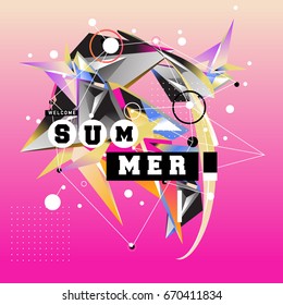Trendy vector summer cards illustration with memphis style typography and abstract elements. Design for poster, card, invitation, brochure, and promotion template. Fashion art print and background.