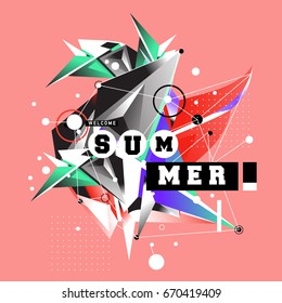 Trendy vector summer cards illustration with memphis style typography and abstract elements. Design for poster, card, invitation, brochure, and promotion template. Fashion art print and background.