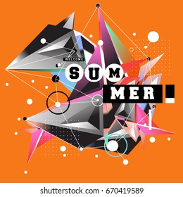 Trendy vector summer cards illustration with memphis style typography and abstract elements. Design for poster, card, invitation, brochure, and promotion template. Fashion art print and background.
