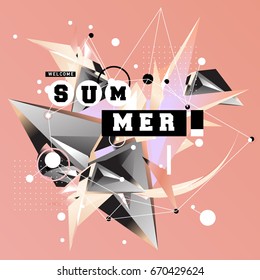 Trendy vector summer cards illustration with memphis style typography and abstract elements. Design for poster, card, invitation, brochure, and promotion template. Fashion art print and background.