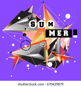 Trendy vector summer cards illustration with memphis style typography and abstract elements. Design for poster, card, invitation, brochure, and promotion template. Fashion art print and background.