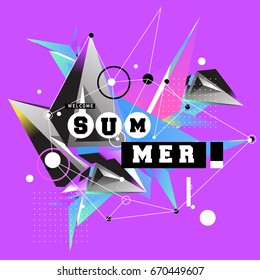 Trendy vector summer cards illustration with memphis style typography and abstract elements. Design for poster, card, invitation, brochure, and promotion template. Fashion art print and background.