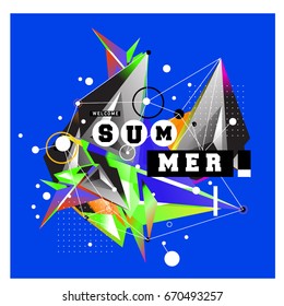 Trendy vector summer cards illustration with memphis style typography and abstract elements. Design for poster, card, invitation, brochure, and promotion template. Fashion art print and background.