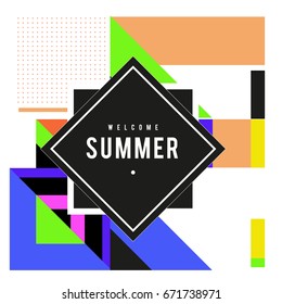 Trendy vector summer cards illustration with elements and abstract colorful textures. Design for holiday vacation poster, card, brochure, and promotion template. Fashion art print and background.