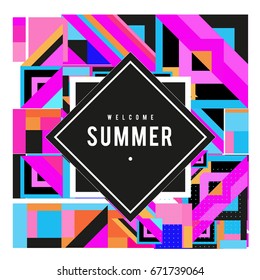 Trendy vector summer cards illustration with elements and abstract colorful textures. Design for holiday vacation poster, card, brochure, and promotion template. Fashion art print and background.