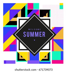 Trendy vector summer cards illustration with elements and abstract colorful textures. Design for holiday vacation poster, card, brochure, and promotion template. Fashion art print and background.