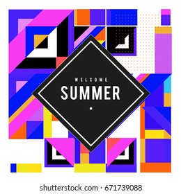 Trendy vector summer cards illustration with elements and abstract colorful textures. Design for holiday vacation poster, card, brochure, and promotion template. Fashion art print and background.