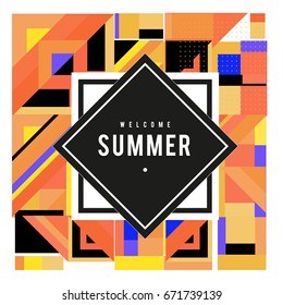 Trendy vector summer cards illustration with elements and abstract colorful textures. Design for holiday vacation poster, card, brochure, and promotion template. Fashion art print and background.