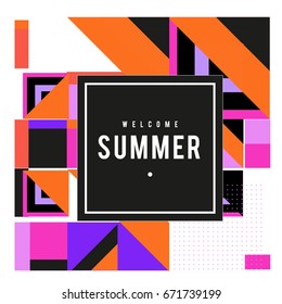 Trendy vector summer cards illustration with elements and abstract colorful textures. Design for holiday vacation poster, card, brochure, and promotion template. Fashion art print and background.