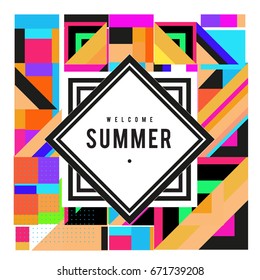 Trendy vector summer cards illustration with elements and abstract colorful textures. Design for holiday vacation poster, card, brochure, and promotion template. Fashion art print and background.