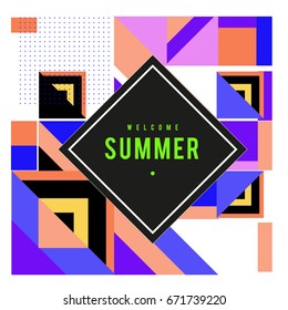 Trendy vector summer cards illustration with elements and abstract colorful textures. Design for holiday vacation poster, card, brochure, and promotion template. Fashion art print and background.