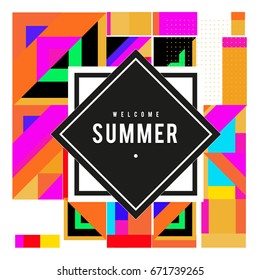 Trendy vector summer cards illustration with elements and abstract colorful textures. Design for holiday vacation poster, card, brochure, and promotion template. Fashion art print and background.
