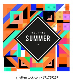 Trendy vector summer cards illustration with elements and abstract colorful textures. Design for holiday vacation poster, card, brochure, and promotion template. Fashion art print and background.