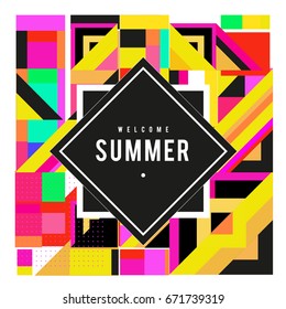Trendy vector summer cards illustration with elements and abstract colorful textures. Design for holiday vacation poster, card, brochure, and promotion template. Fashion art print and background.