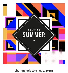 Trendy vector summer cards illustration with elements and abstract colorful textures. Design for holiday vacation poster, card, brochure, and promotion template. Fashion art print and background.