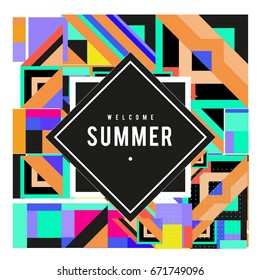 Trendy vector summer cards illustration with elements and abstract colorful textures. Design for holiday vacation poster, card, brochure, and promotion template. Fashion art print and background.