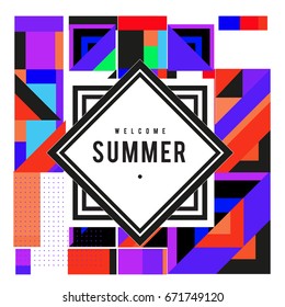 Trendy vector summer cards illustration with elements and abstract colorful textures. Design for holiday vacation poster, card, brochure, and promotion template. Fashion art print and background.