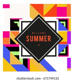 Trendy vector summer cards illustration with elements and abstract colorful textures. Design for holiday vacation poster, card, brochure, and promotion template. Fashion art print and background.