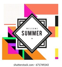 Trendy vector summer cards illustration with elements and abstract colorful textures. Design for holiday vacation poster, card, brochure, and promotion template. Fashion art print and background.
