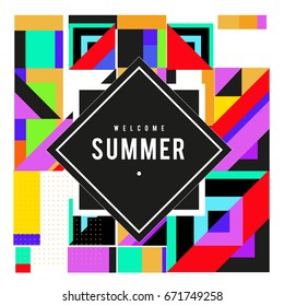 Trendy vector summer cards illustration with elements and abstract colorful textures. Design for holiday vacation poster, card, brochure, and promotion template. Fashion art print and background.