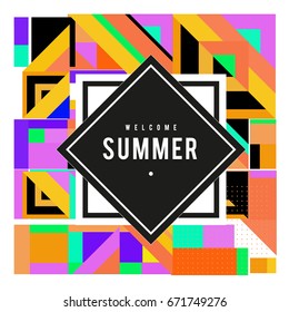 Trendy vector summer cards illustration with elements and abstract colorful textures. Design for holiday vacation poster, card, brochure, and promotion template. Fashion art print and background.