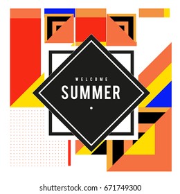 Trendy vector summer cards illustration with elements and abstract colorful textures. Design for holiday vacation poster, card, brochure, and promotion template. Fashion art print and background.