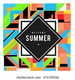 Trendy vector summer cards illustration with elements and abstract colorful textures. Design for holiday vacation poster, card, brochure, and promotion template. Fashion art print and background.