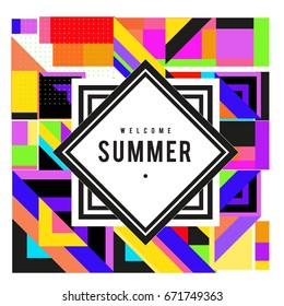 Trendy vector summer cards illustration with elements and abstract colorful textures. Design for holiday vacation poster, card, brochure, and promotion template. Fashion art print and background.
