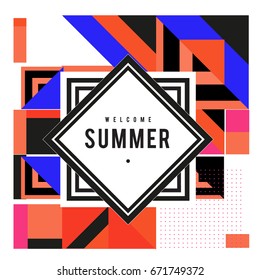 Trendy vector summer cards illustration with elements and abstract colorful textures. Design for holiday vacation poster, card, brochure, and promotion template. Fashion art print and background.
