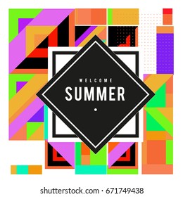 Trendy vector summer cards illustration with elements and abstract colorful textures. Design for holiday vacation poster, card, brochure, and promotion template. Fashion art print and background.