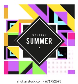 Trendy vector summer cards illustration with elements and abstract colorful textures. Design for holiday vacation poster, card, brochure, and promotion template. Fashion art print and background.