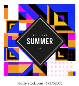 Trendy vector summer cards illustration with elements and abstract colorful textures. Design for holiday vacation poster, card, brochure, and promotion template. Fashion art print and background.