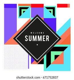 Trendy vector summer cards illustration with elements and abstract colorful textures. Design for holiday vacation poster, card, brochure, and promotion template. Fashion art print and background.